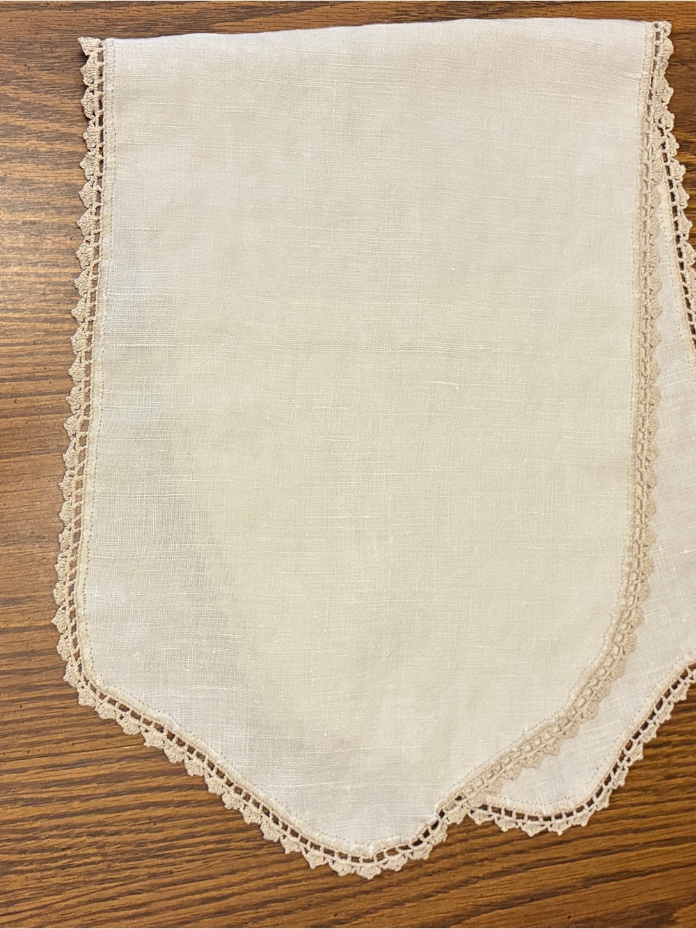 Vintage Handmade Crochet Trimmed Ivory Cotton Linen Table Runner or Home Decor